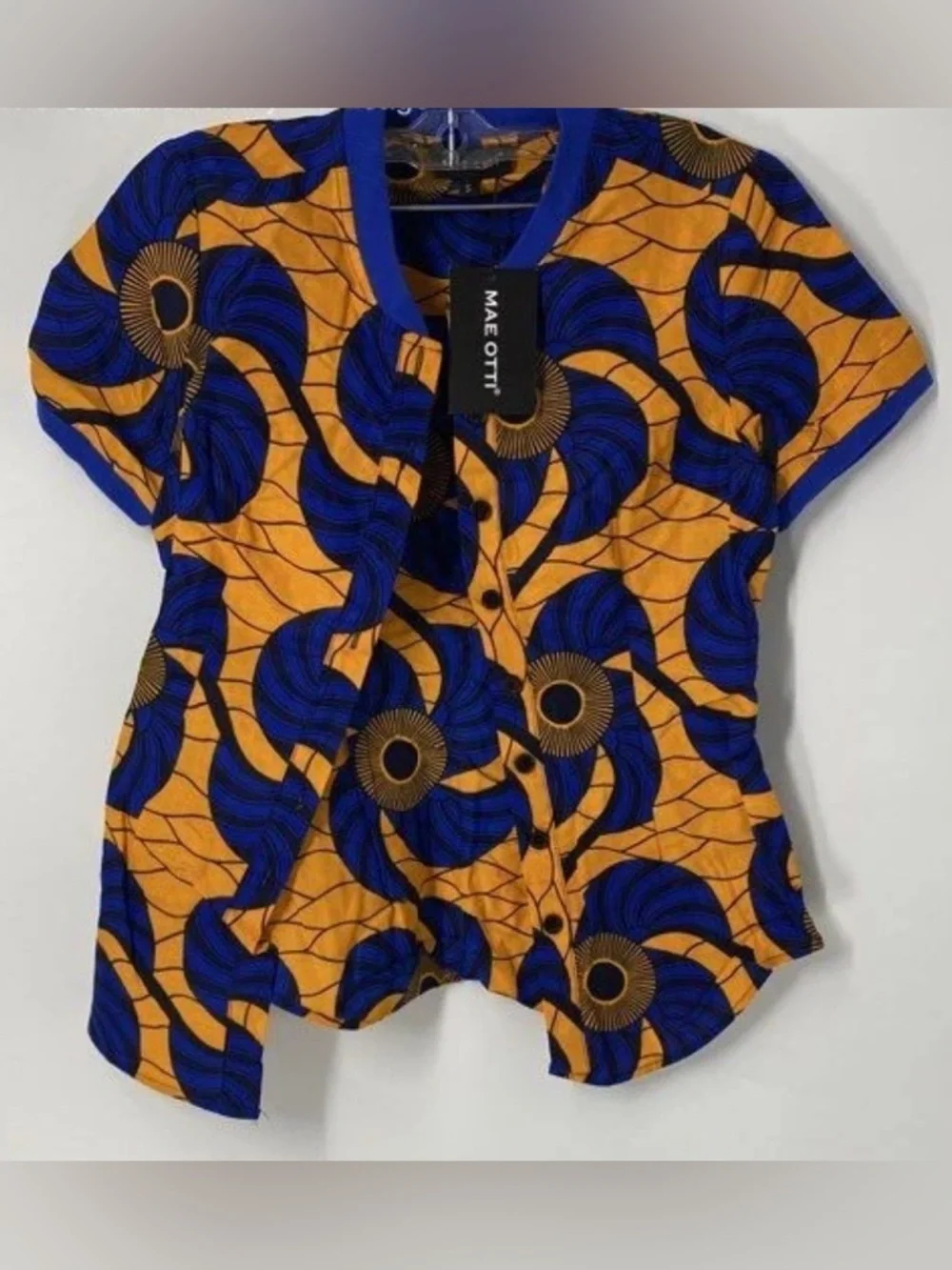 NWT Mae Otti Ankara African Wax Print Polo Top Blue Orange Small - Picture 4 of 10